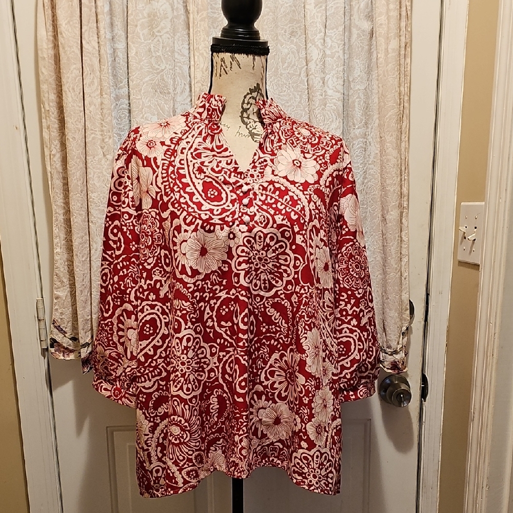Red and White Floral Blouse